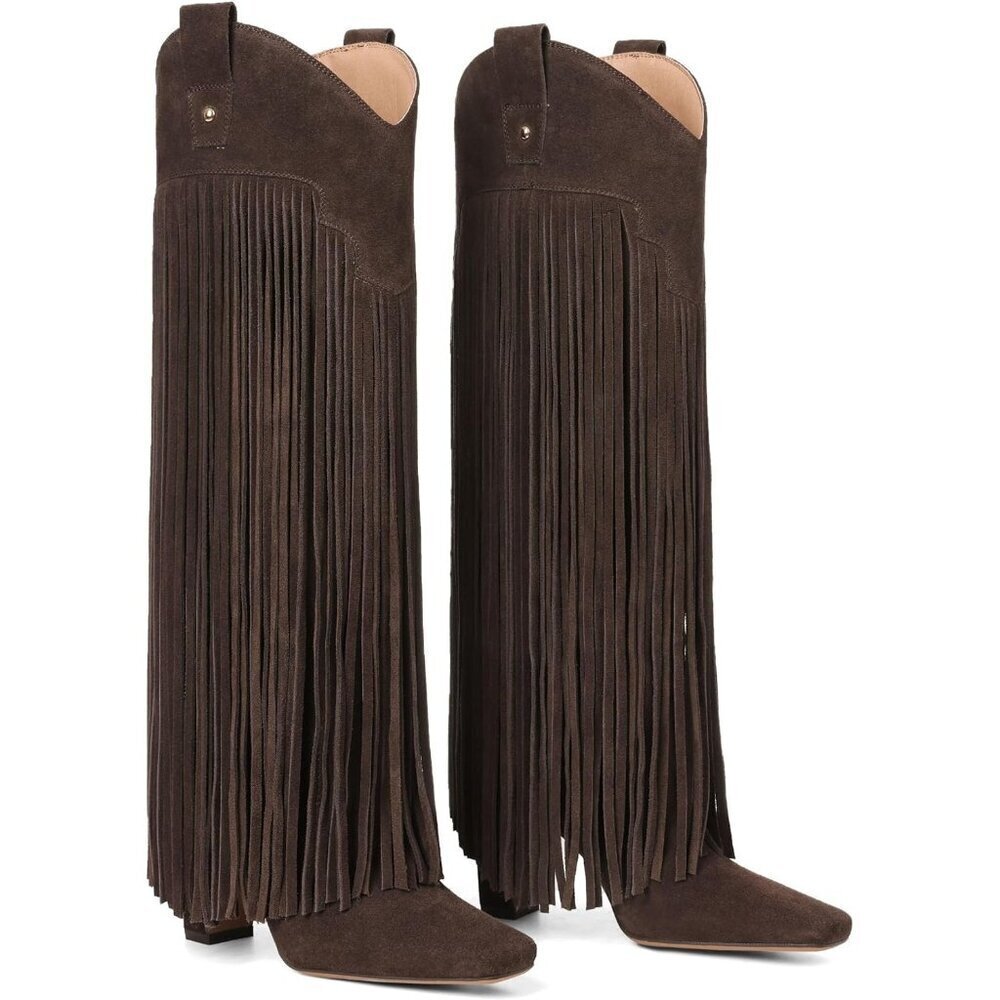 Women's Brown Suede Knee High Fringe Boots Chunky Heel Tall Shoes Pull-On